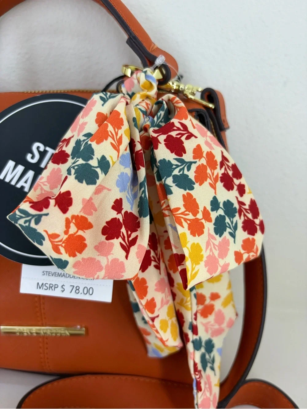 Steve Madden Orange Crossbody Satchel with Floral Scarf Accent - Picture 3 of 10